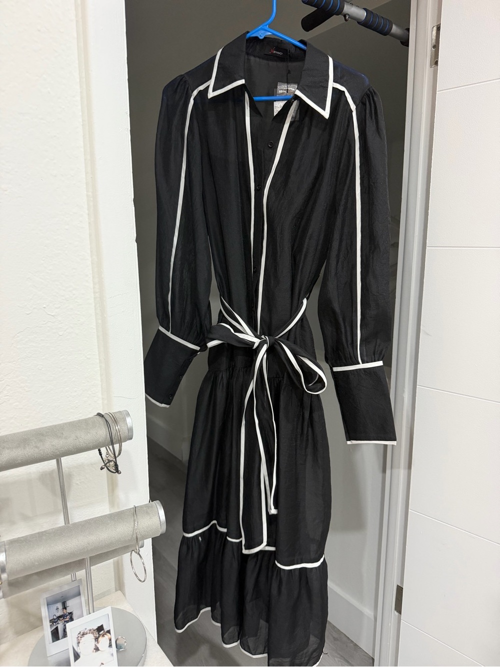 Black Long-Sleeve Tiered Dress with White Piping